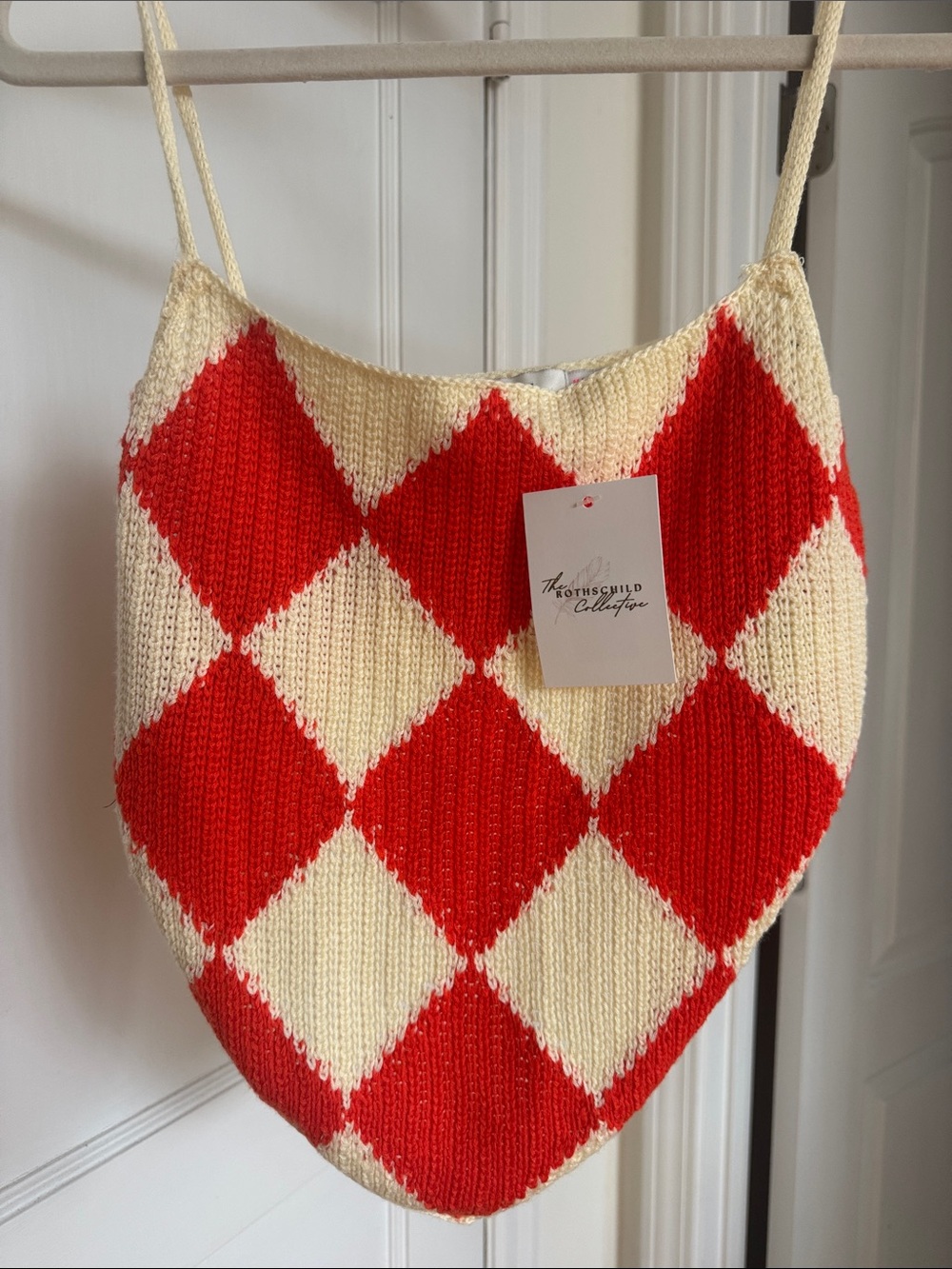 Lush Red & Cream Knit Harlequin V-Neck Tank Medium NWT